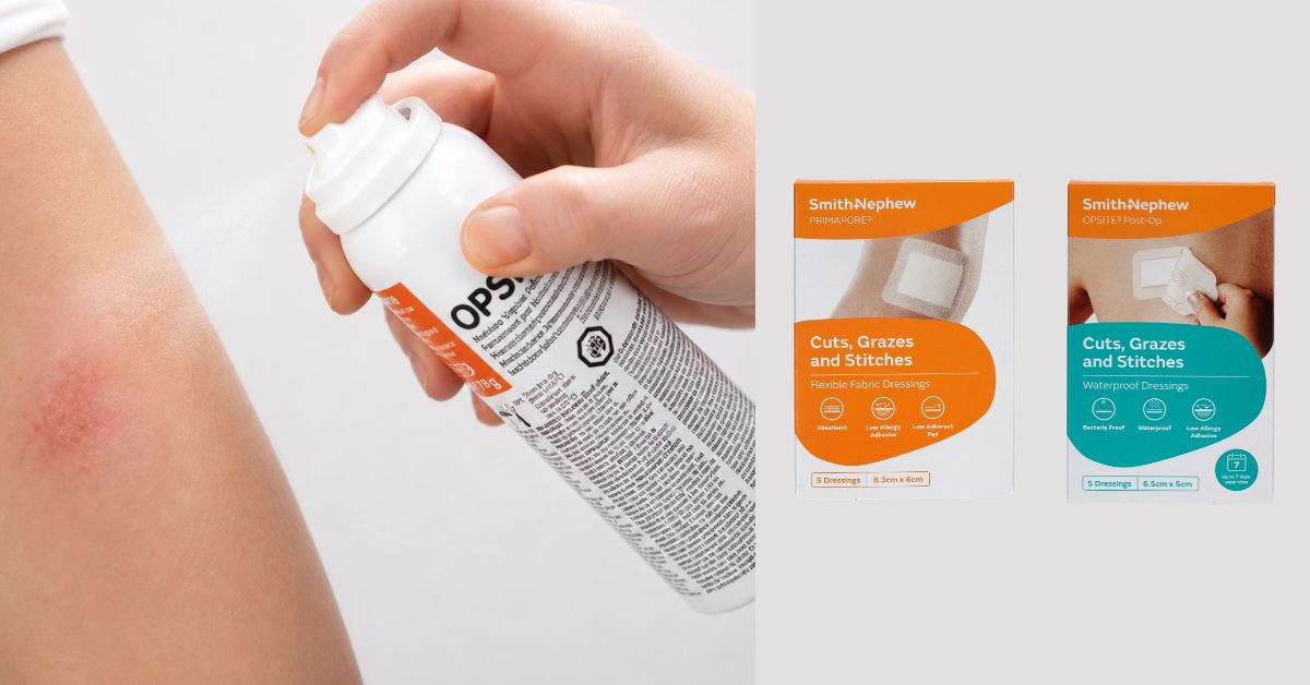Smith+Nephew OPSITE POST-OP: a waterproof film dressing for cuts, grazes and stitches.